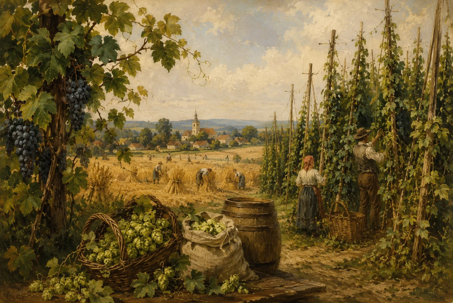 Paysage tchèque avec montagnes, forêts, champs, houblonnières et vignobles